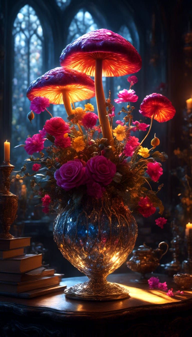 Crystal Mushroom Vase with Flowers in HDR