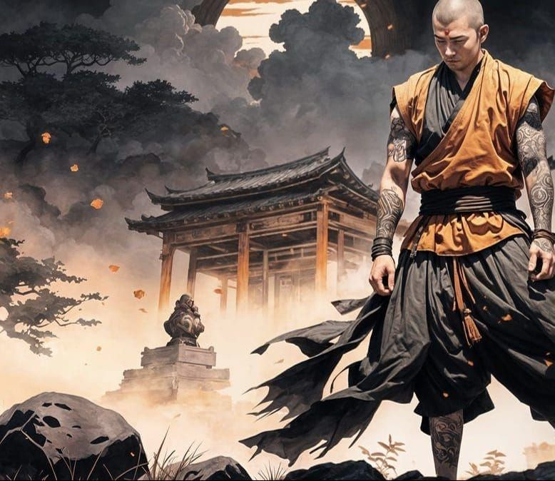 Tattooed Warrior Monk in Manga Anime Style