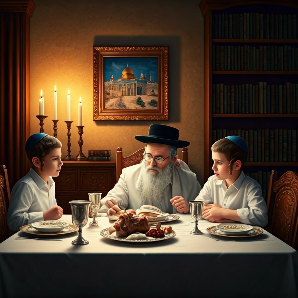 Traditional Haredi Seder Table Setting with Family