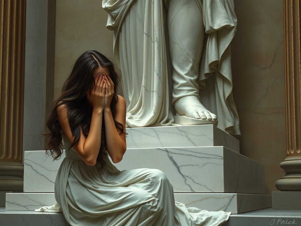 Sorrowful Woman Weeping at Athena Statue