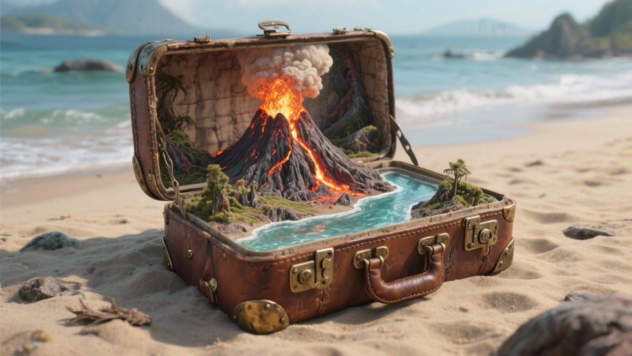 Miniature Volcano Erupts in Vintage Suitcase on Beach