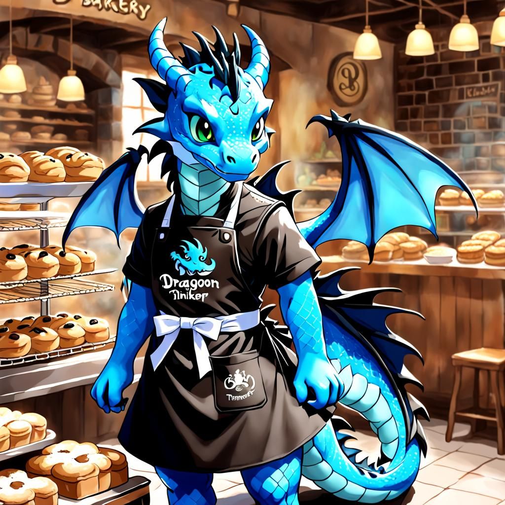 Blue and Black Dragon Baker in Apron