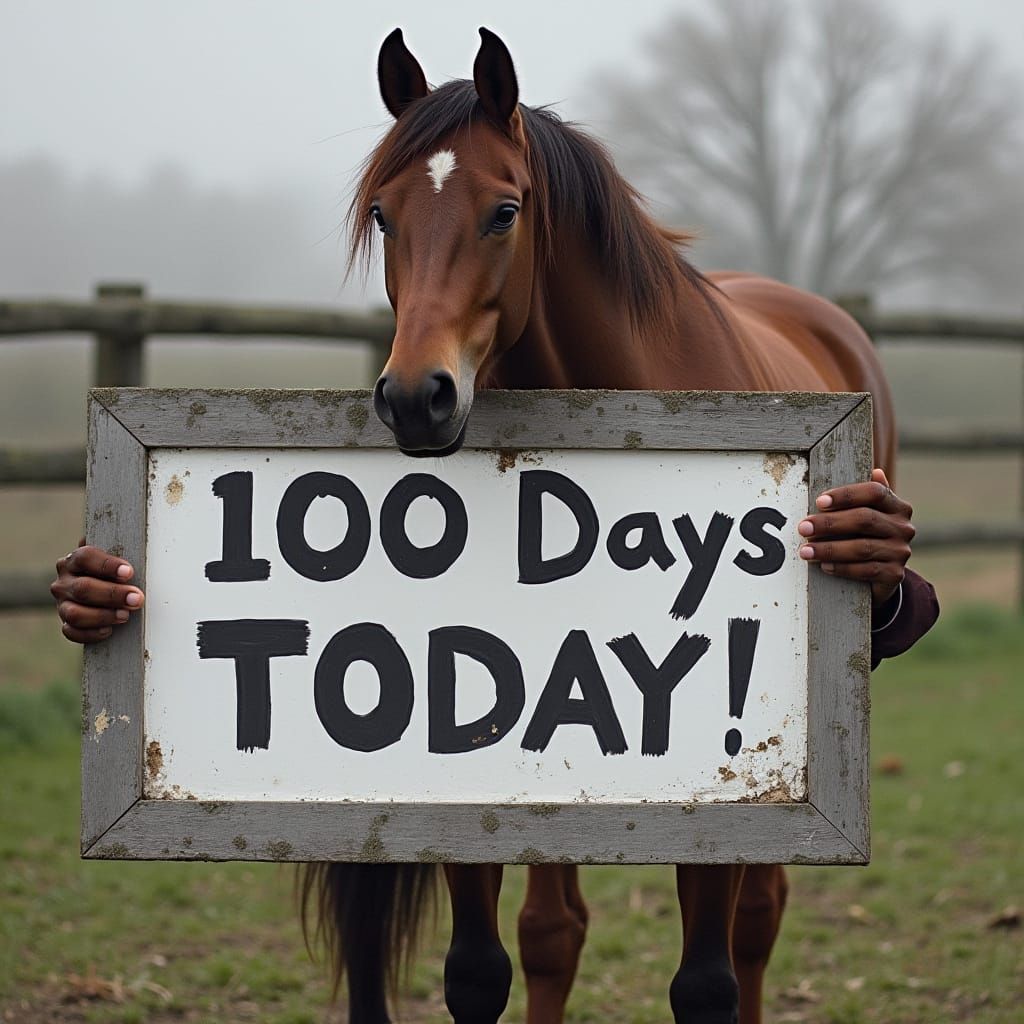 A Horse Holds a Vibrant Sign with the Countdown to 100 Days