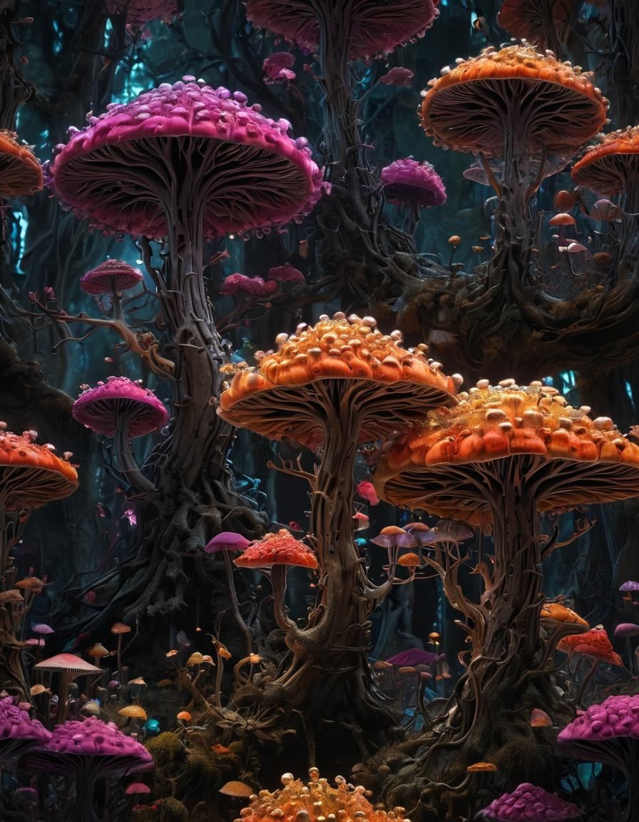 Luminescent Fractal Forest with Glowing Mushrooms