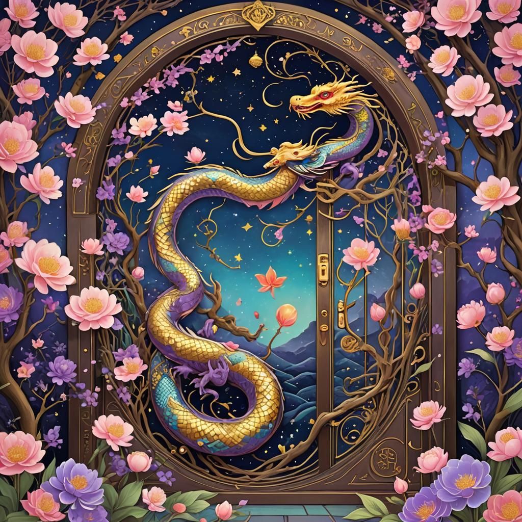 Art Nouveau Fire Serpent Closes Constellation Door