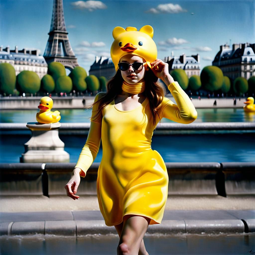 Woman in Duck Outfit Walks Paris, Helnwein Style