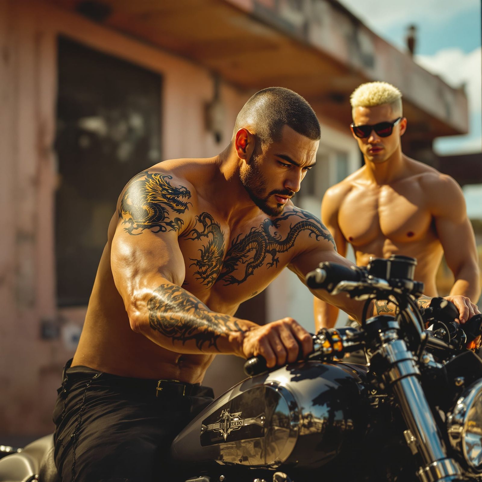 Athlete Tuning Motorcycle With Boyfriend, Cinematic Digital ...
