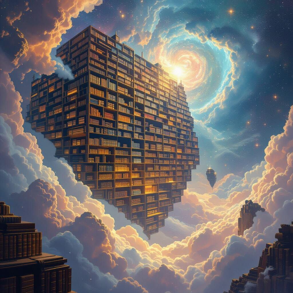 Colossal Floating Library Among Stars, Surreal Digital Paint...