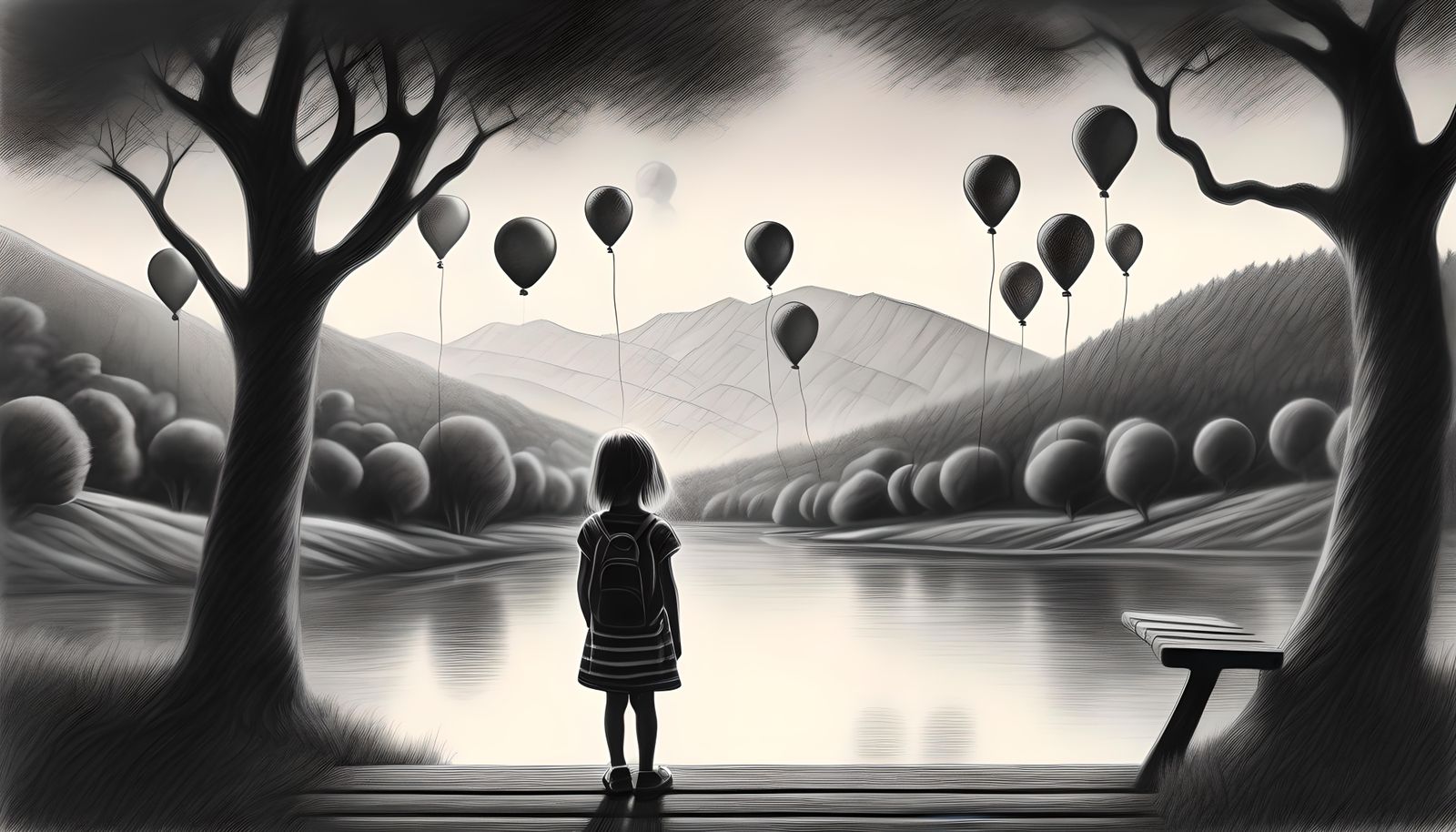 Girl with Balloons: Hyperdetailed Charcoal Drawing