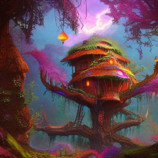 Mystical Treehouse: Detailed Matte Painting in Deep Color