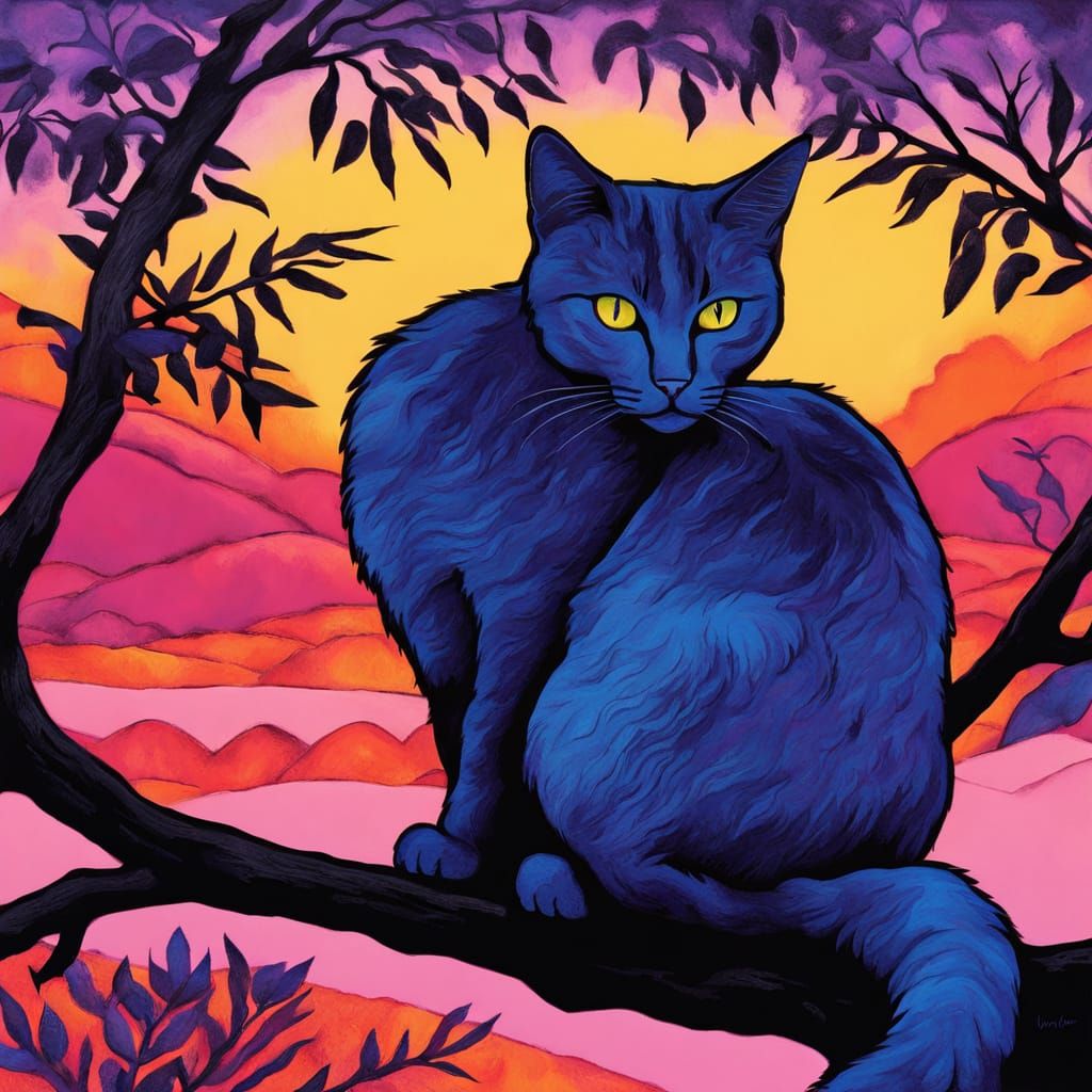 Blue Cat Silhouetted Against Vivid Sunset Sky