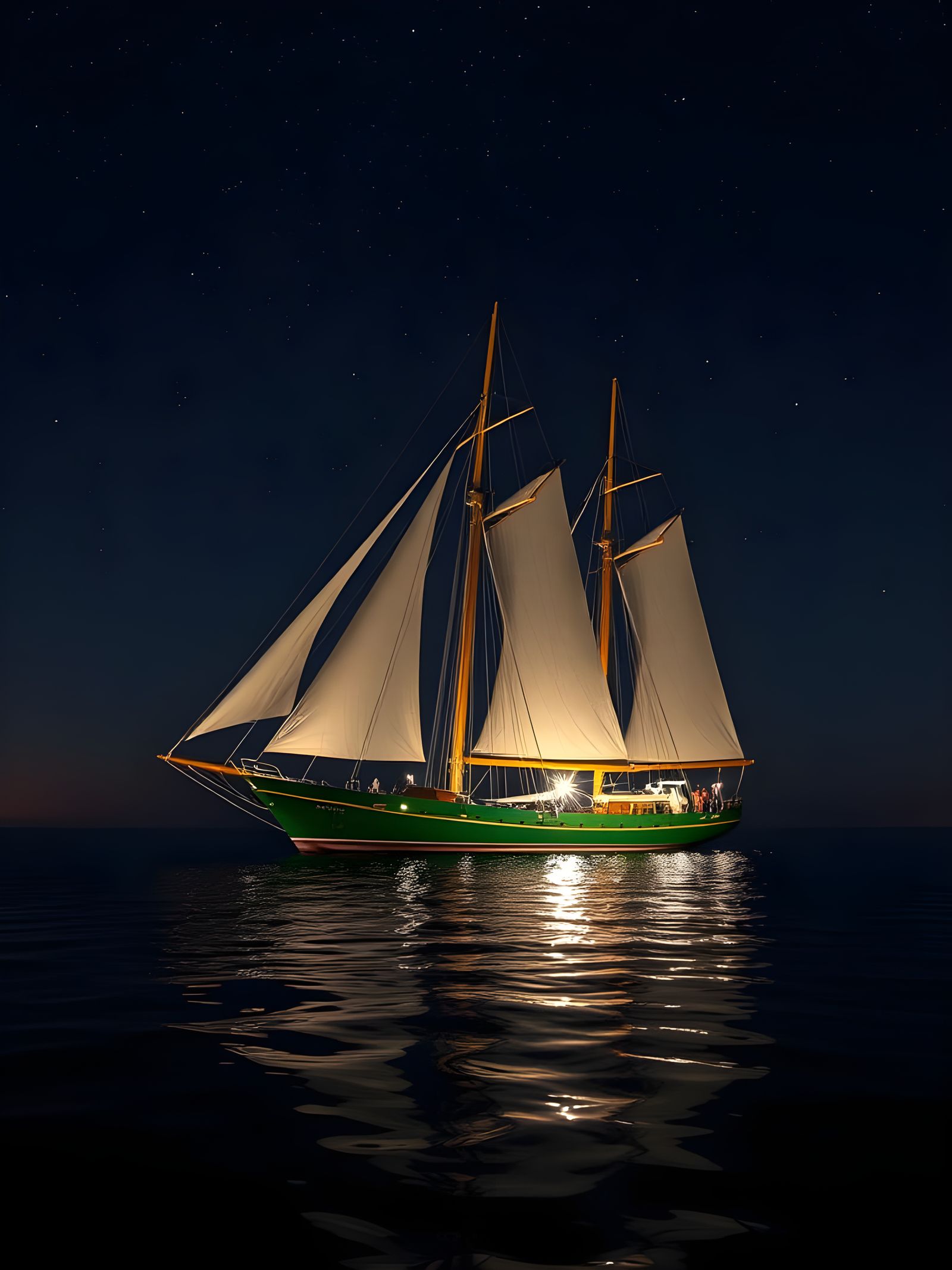 Moonlit Sailing Schooner Under Starry Night Sky