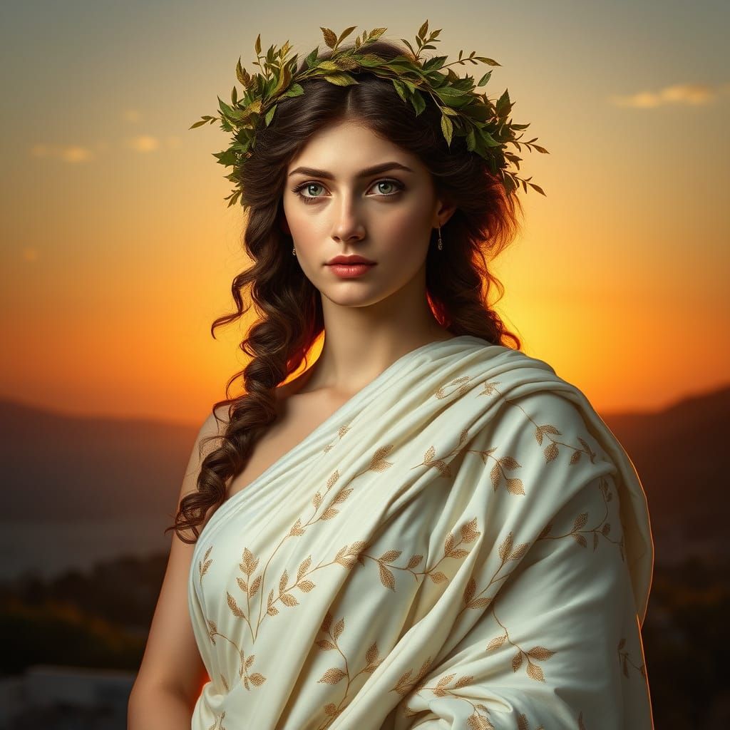 Ancient Greek Goddess in Ethereal Sunset Glow