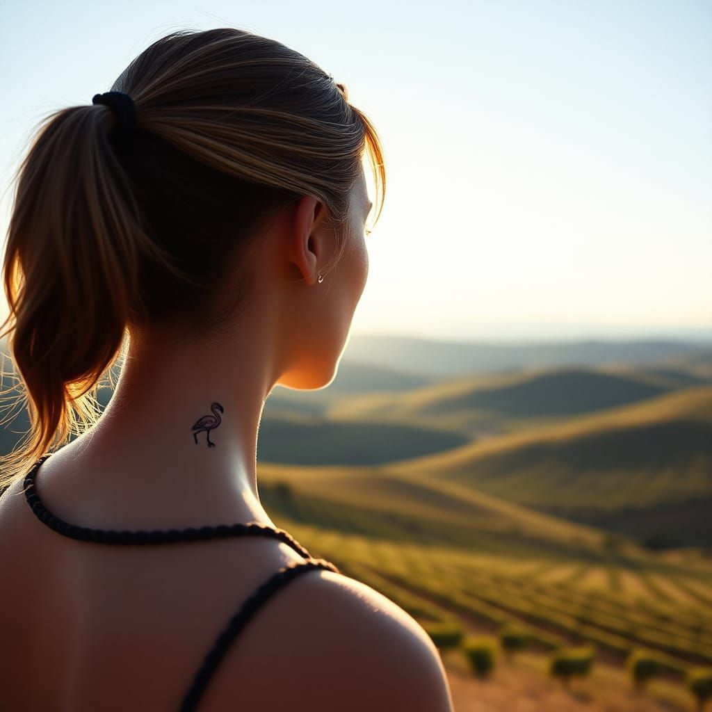 Woman with Flamingo Tattoo Overlooking Vineyard