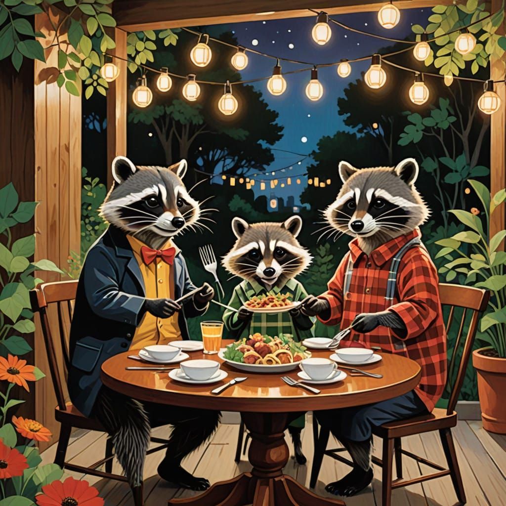 Cozy Raccoon Dinner Party in a Whimsical Restaurant Backyard