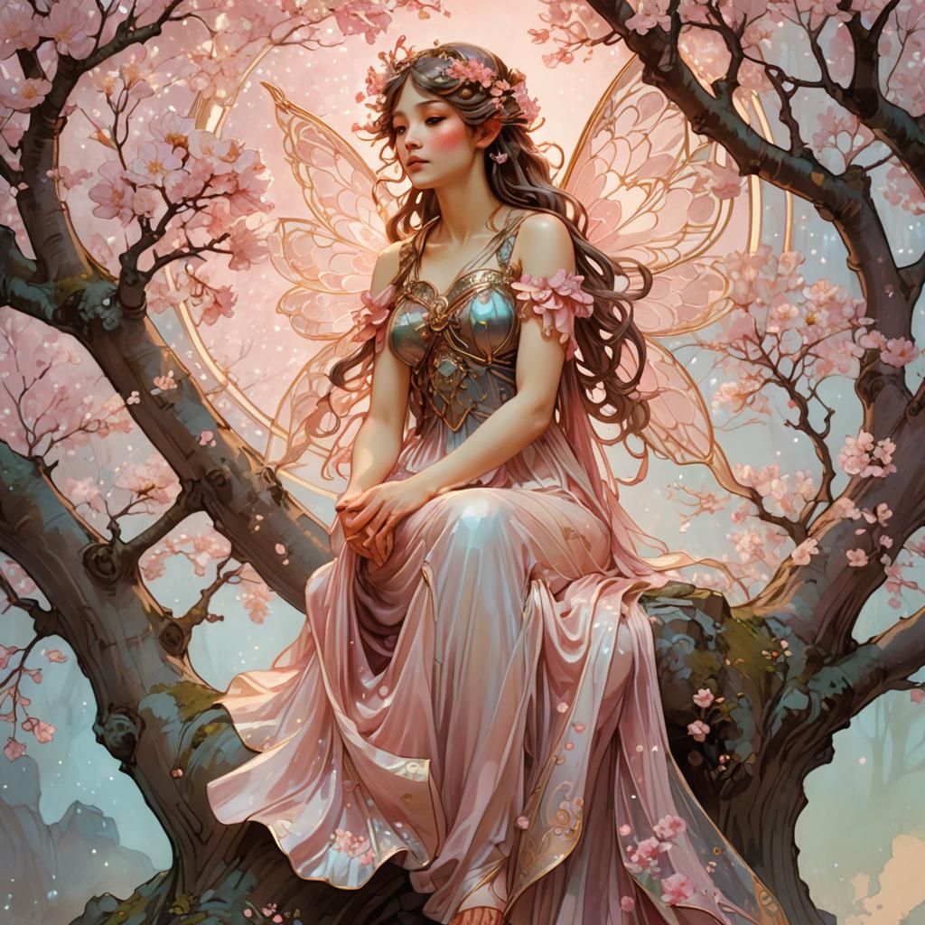 Fairy Under Sakura Tree in Art Nouveau Style