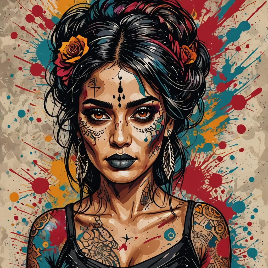 Vibrant Chicana Girl with Face Tattoo in Abstract Expression...