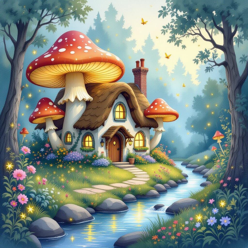 Whimsical Mushroom Cottage in Watercolor Style