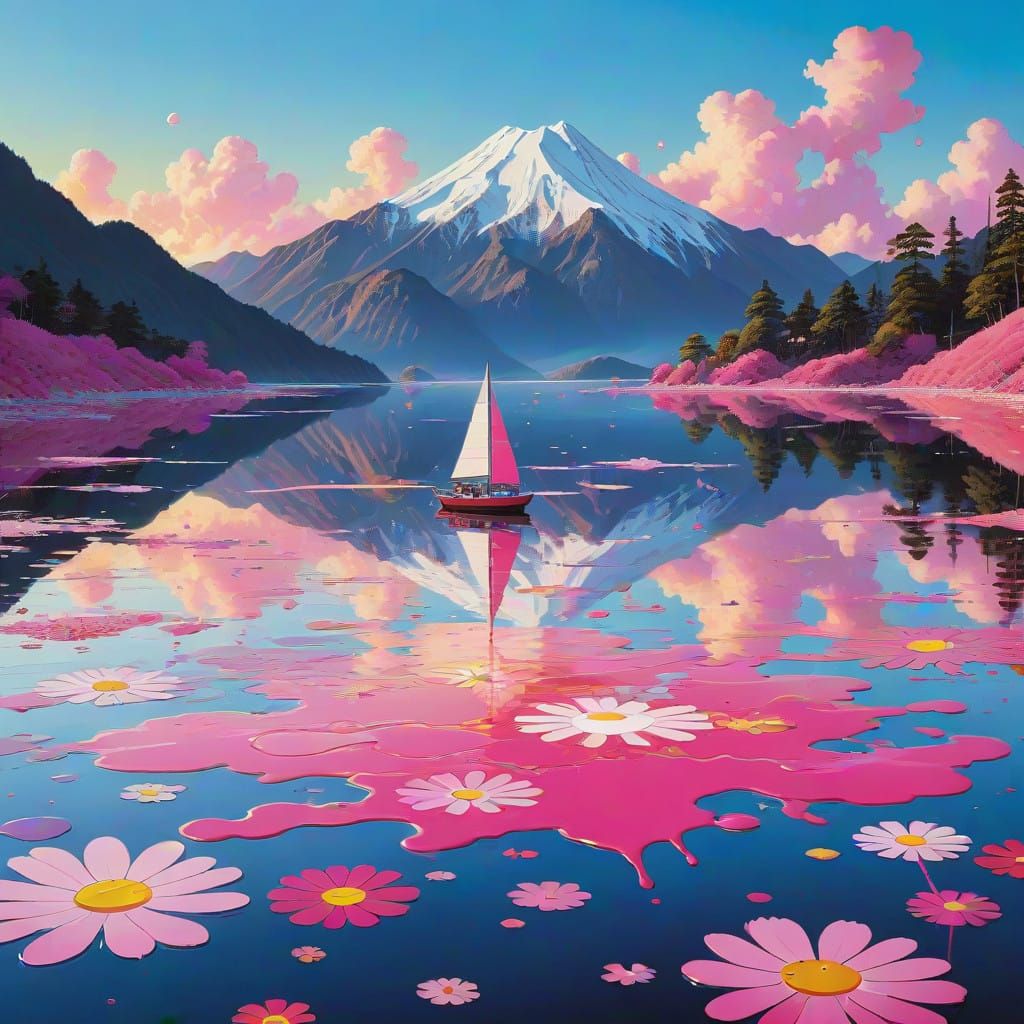 Radiant Pink Sailboat Glides Across Serene Lake in Breathtak...