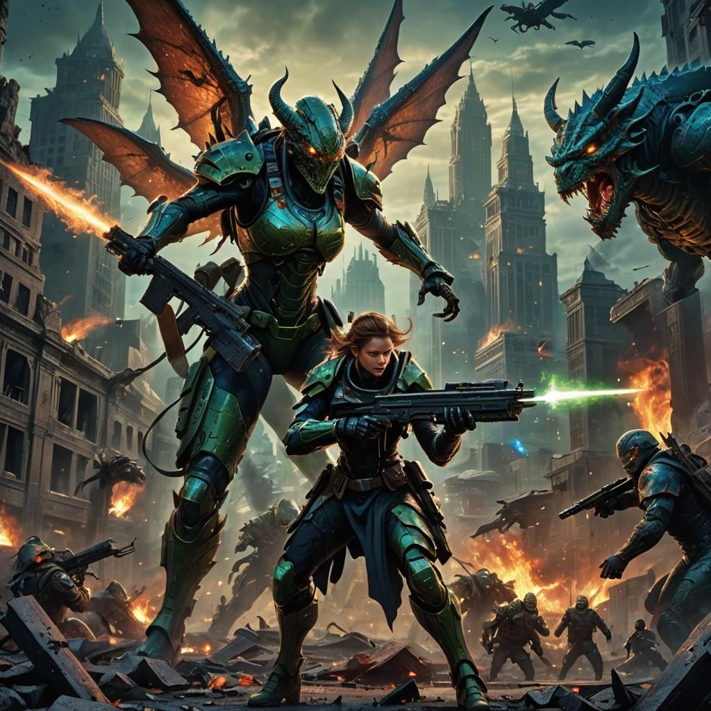 Fantasy War: Soldier Battles Hybrids in Ruined Cityscape