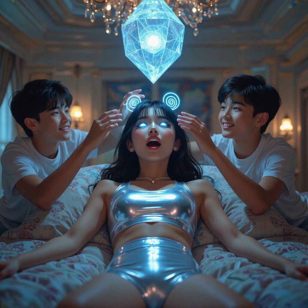 Asian Teen in Mansion with Glowing Spirals, Hyperrealistic S...