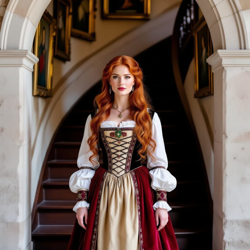 Medieval Woman with Red Hair in Pre-Raphaelite Style