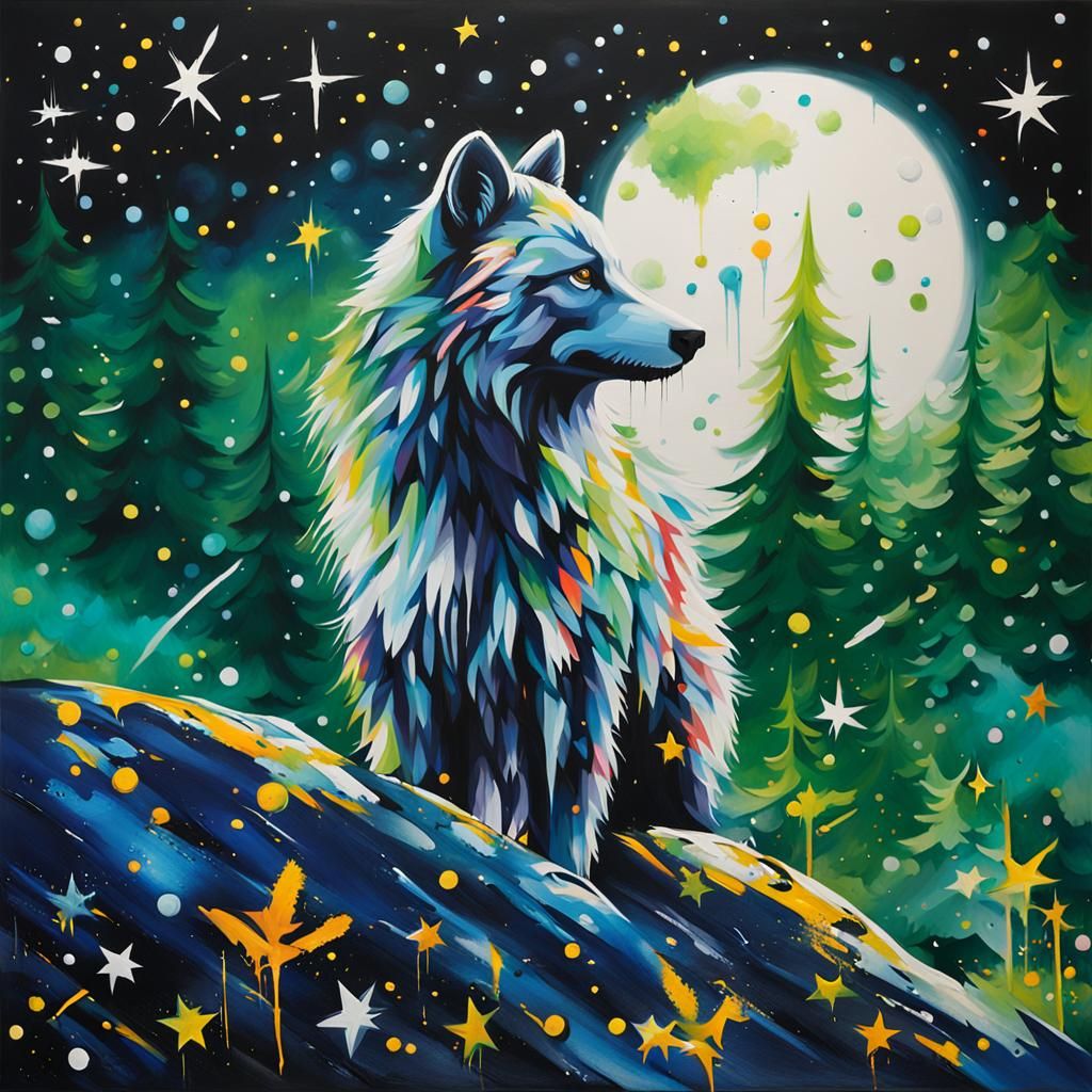 "Étoiles scintillantes éclatantes à l’horizon d’une forêt graffiti art, splash art, street art, peinture en aérosol, gou...