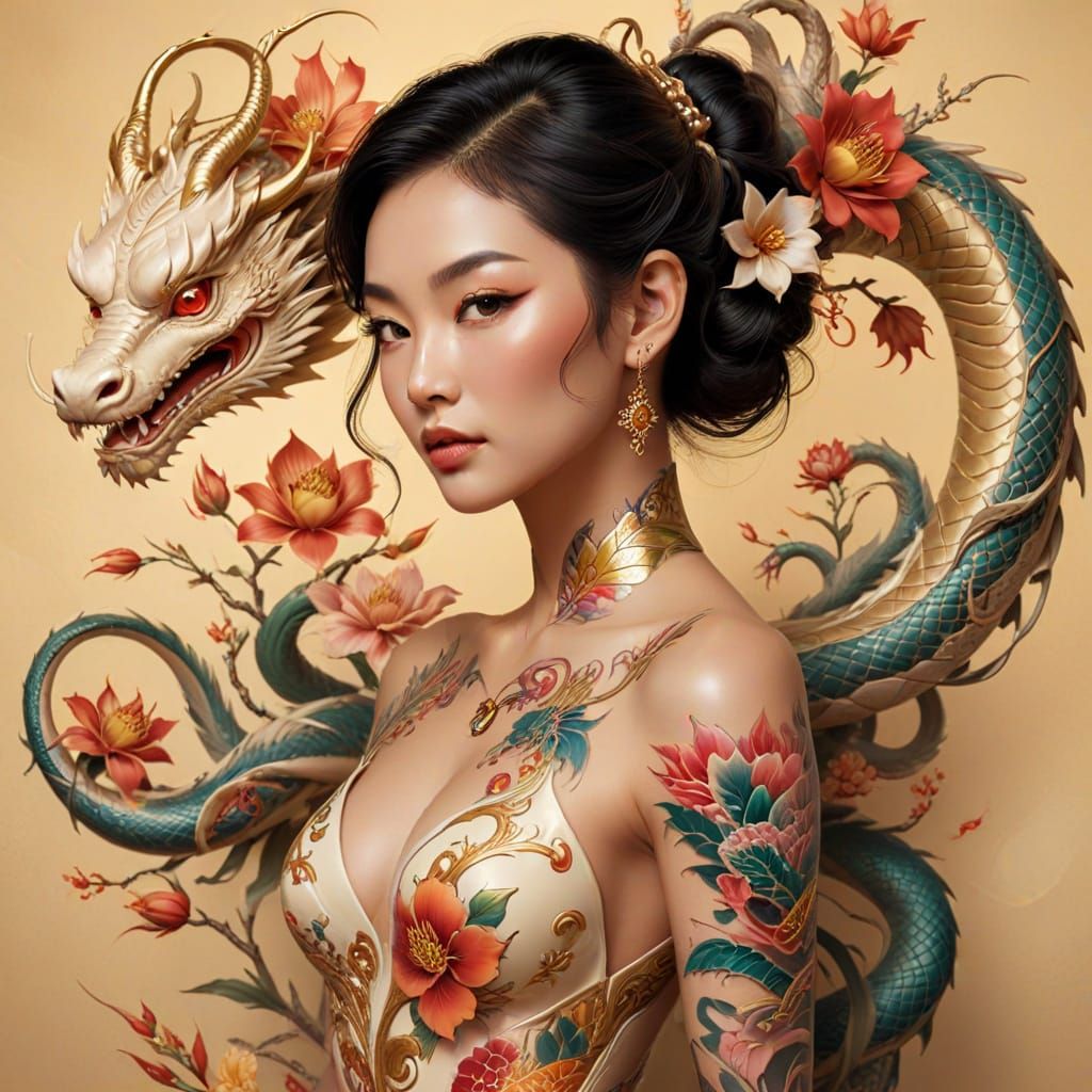 Elegant East Asian Woman with Dragon Tattoos