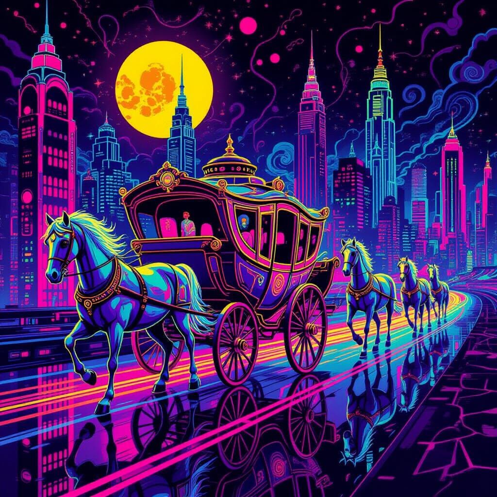 Psychedelic 70s Cityscape with Spectral Horses and Carriage