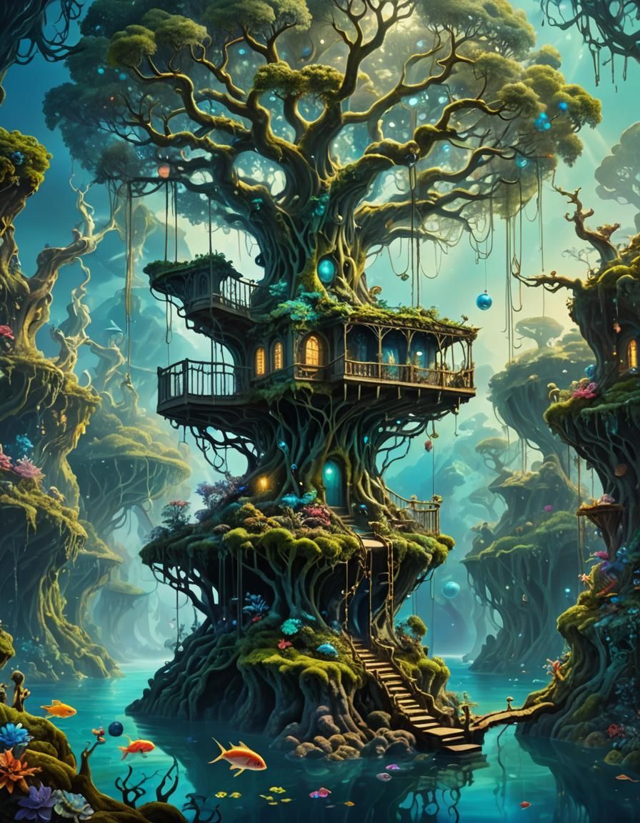 Underwater Opal Treehouse with Alien Mermaids