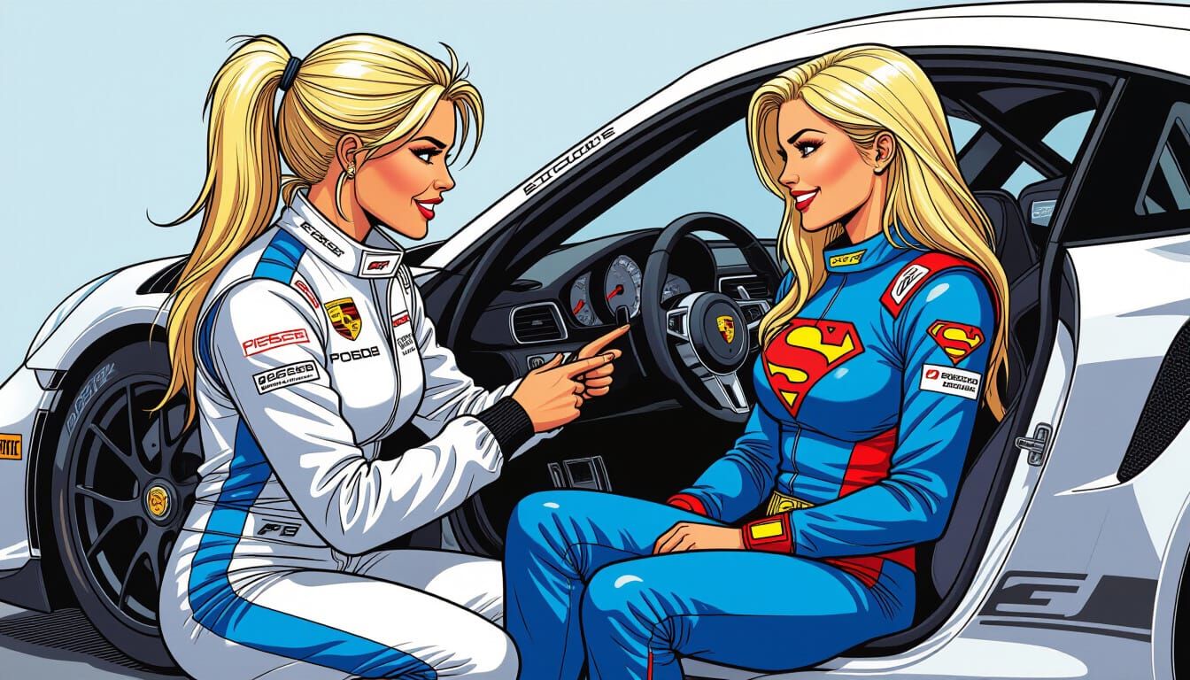Porsche Race Driver Explains Car to Supergirl in Comic Art