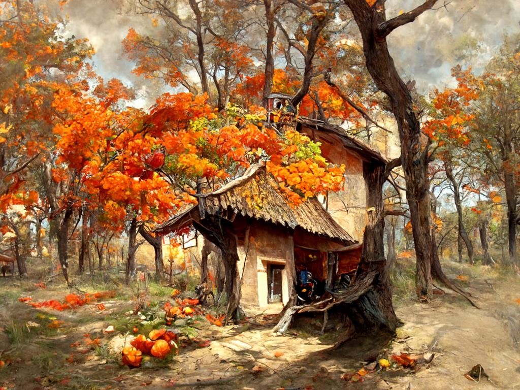 Autumn Treehouse Village: An Oil Painting
