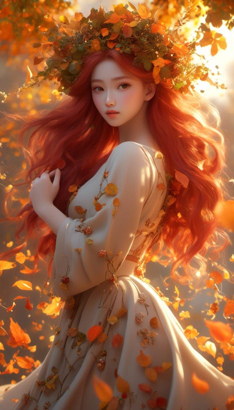 Japanese Girl with Autumn Leaves, Digital Portrait