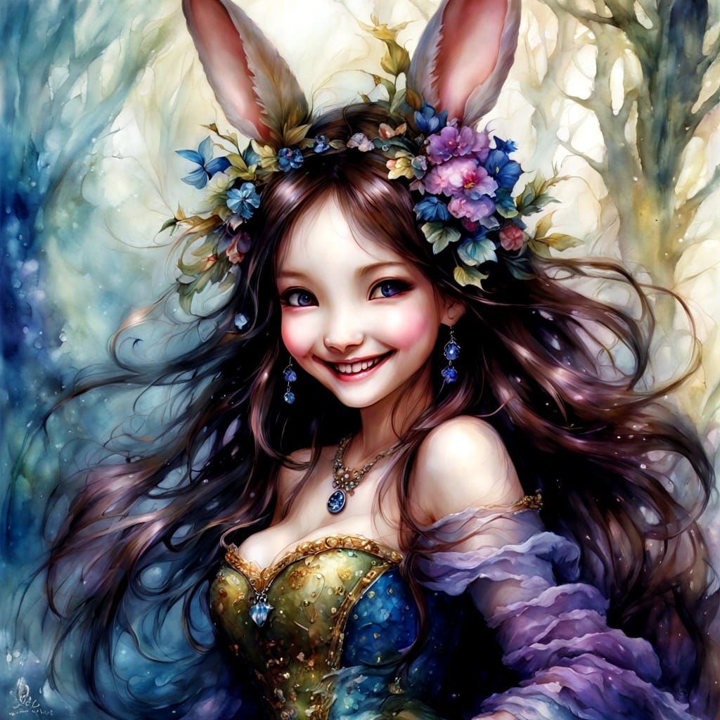 Laughing Bunny in a Magical Alcohol Ink Fantasy