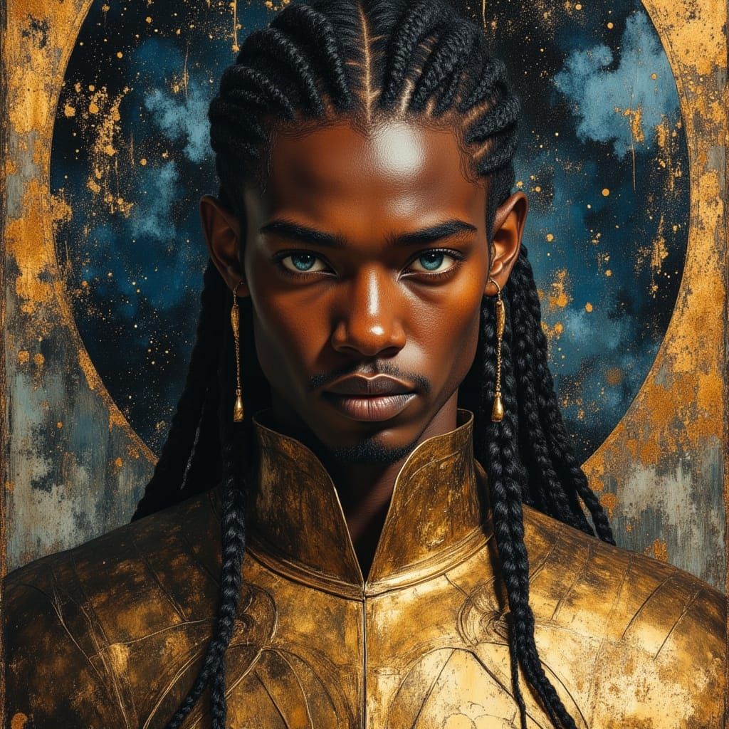 African Elven Warrior God in Cosmic Oil Painting