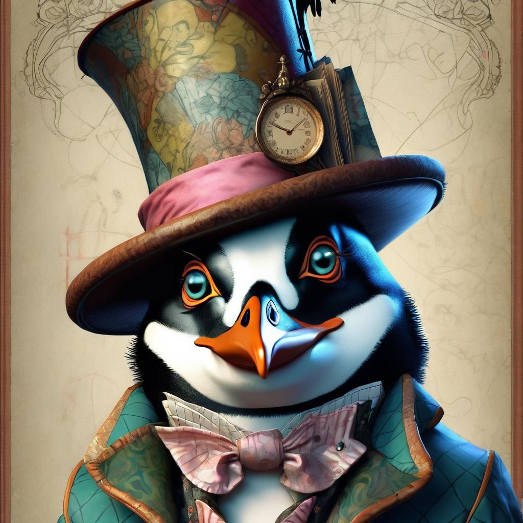 Mad Hatter Penguin Portrait in Digital Illustration Style