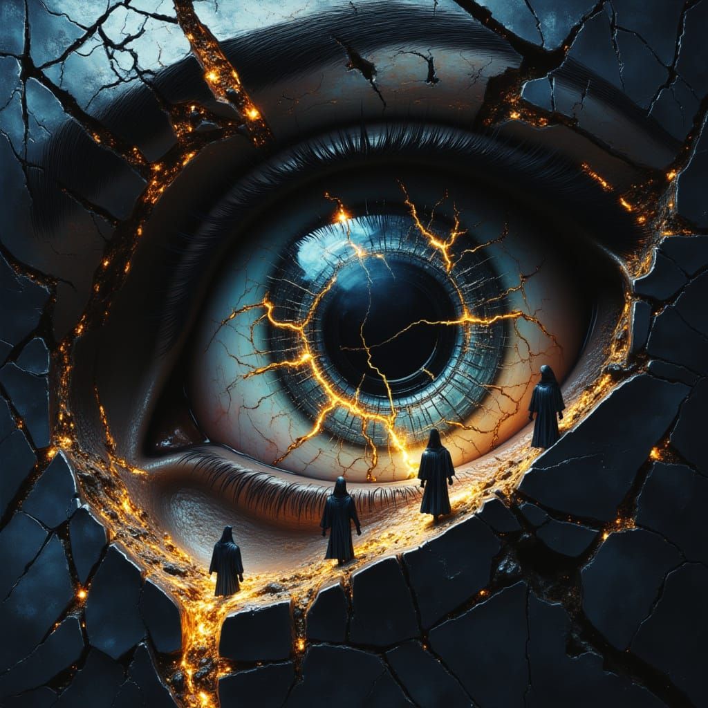 Fractured Eye with Obsidian Glass and Glowing Spheres in Cyb...