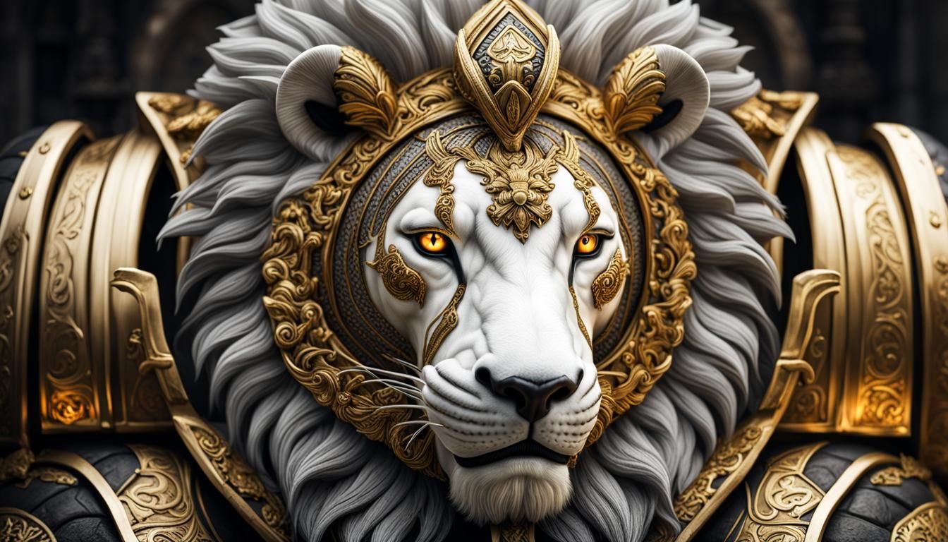 Armored White Lion in Gold and Black