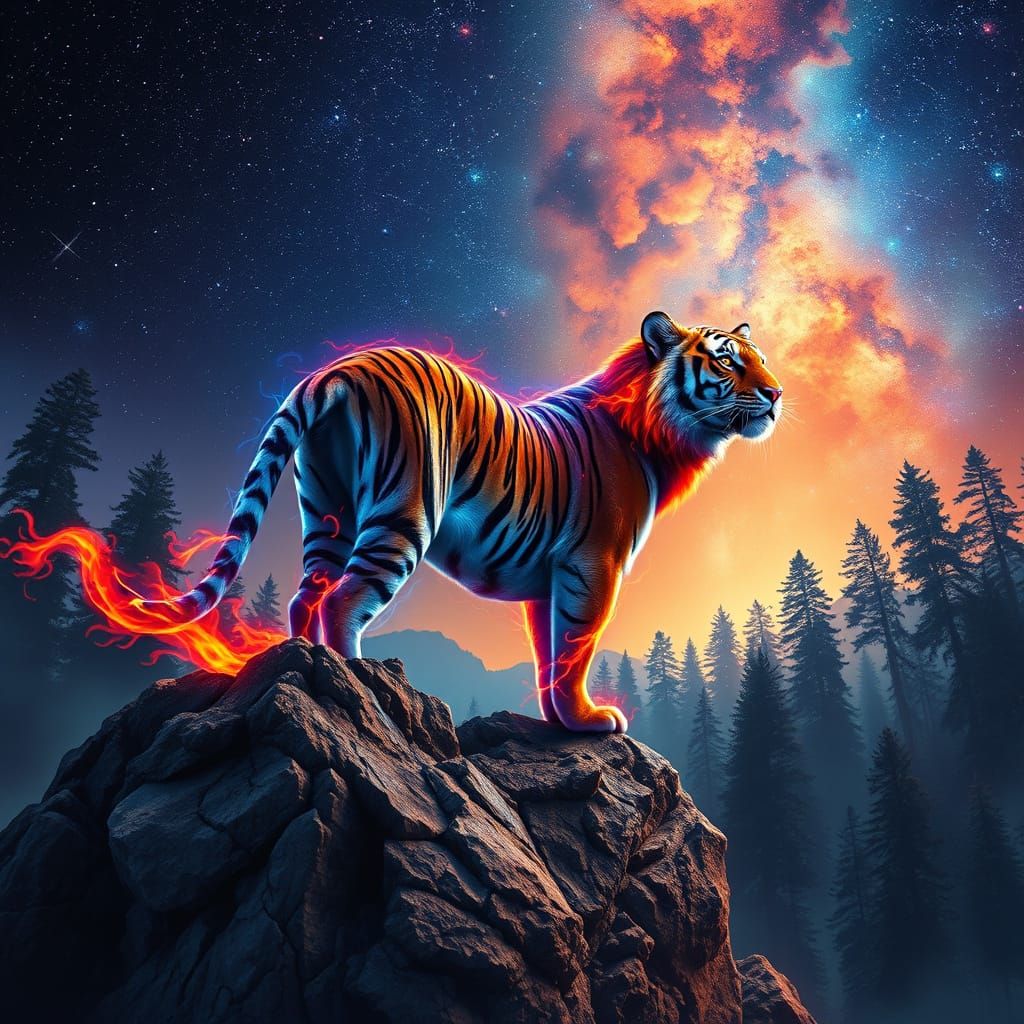 Majestic Tiger in Cosmic Blaze, Standing Proud Amidst Starli...