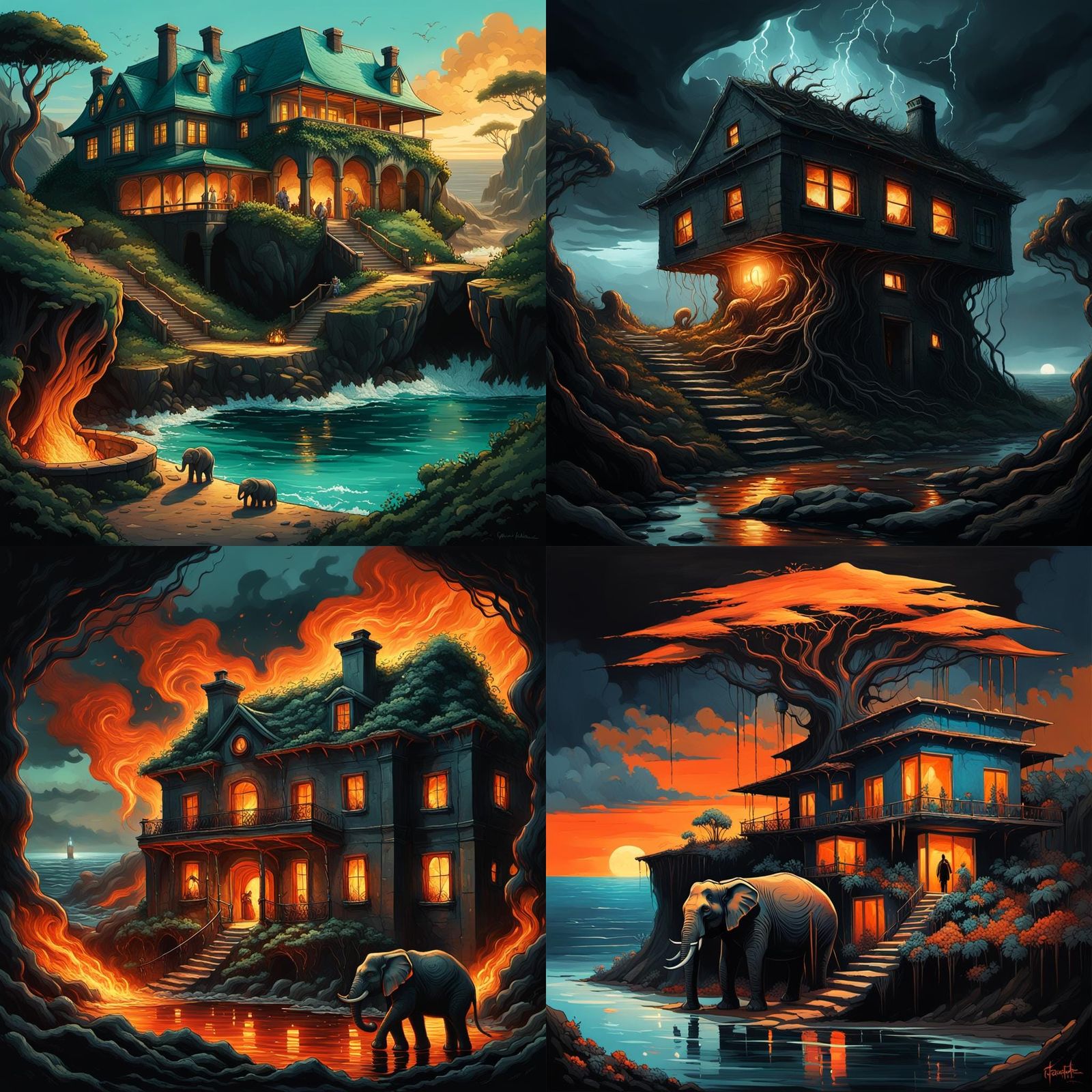 Surreal Underground House with Fire-Breathing Elephants