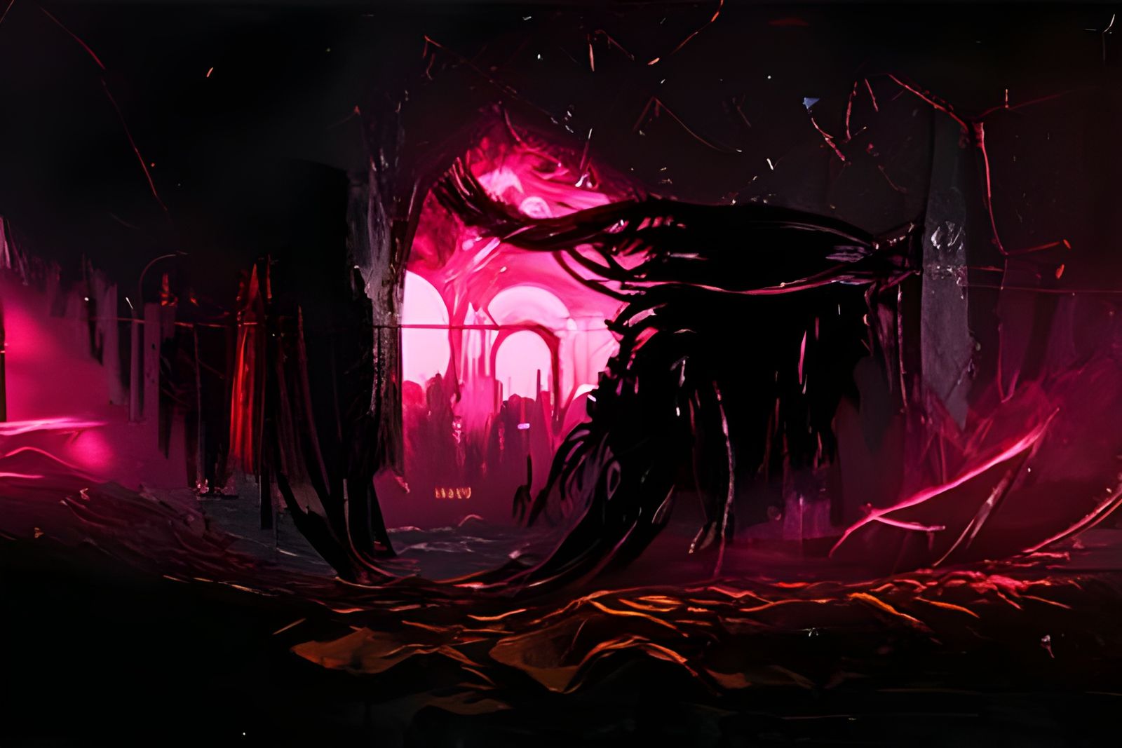 Dark Red Dystopian Portal in Gothic Horror Landscape