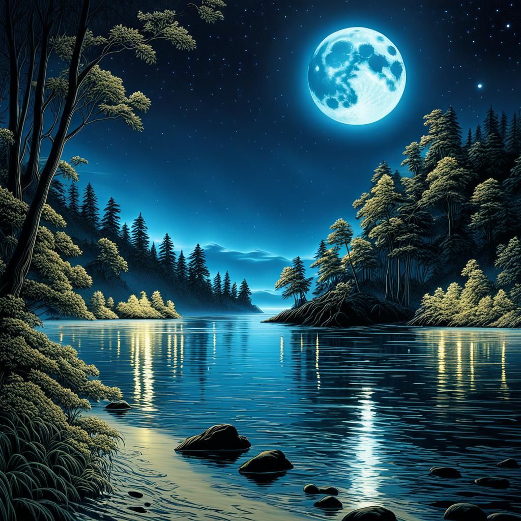 Bioluminescent Sea Under Full Moon in 3D