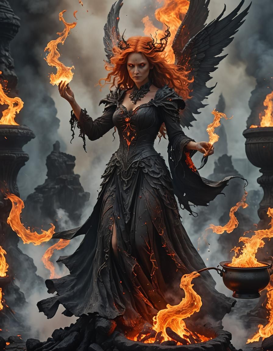 A realistic image of a witch stirring a cauldron of lava with the lava rising from the cauldron transforming into a grac...