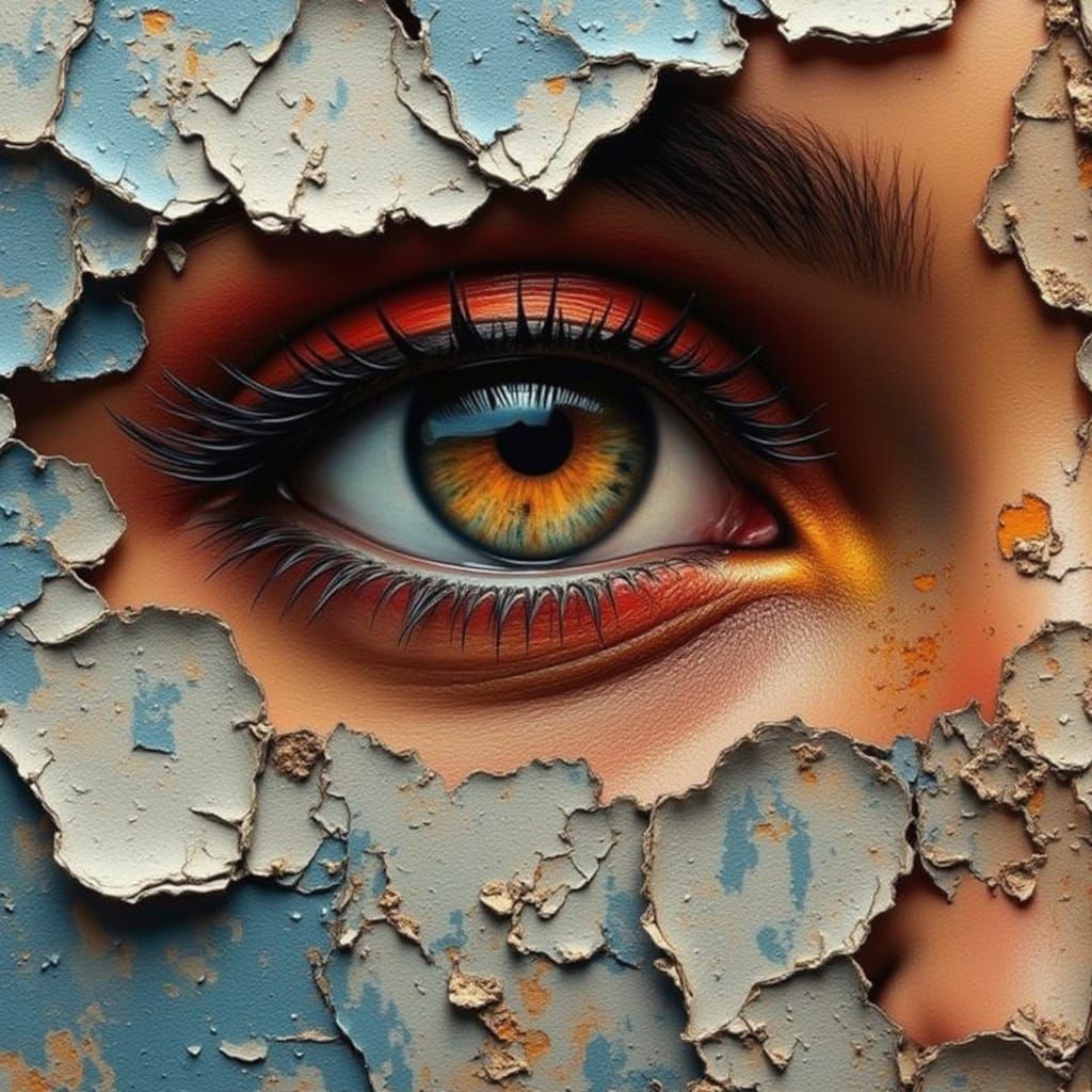 Human Eye Peers Through Textured, Peeling Paint in Neo Tradi...