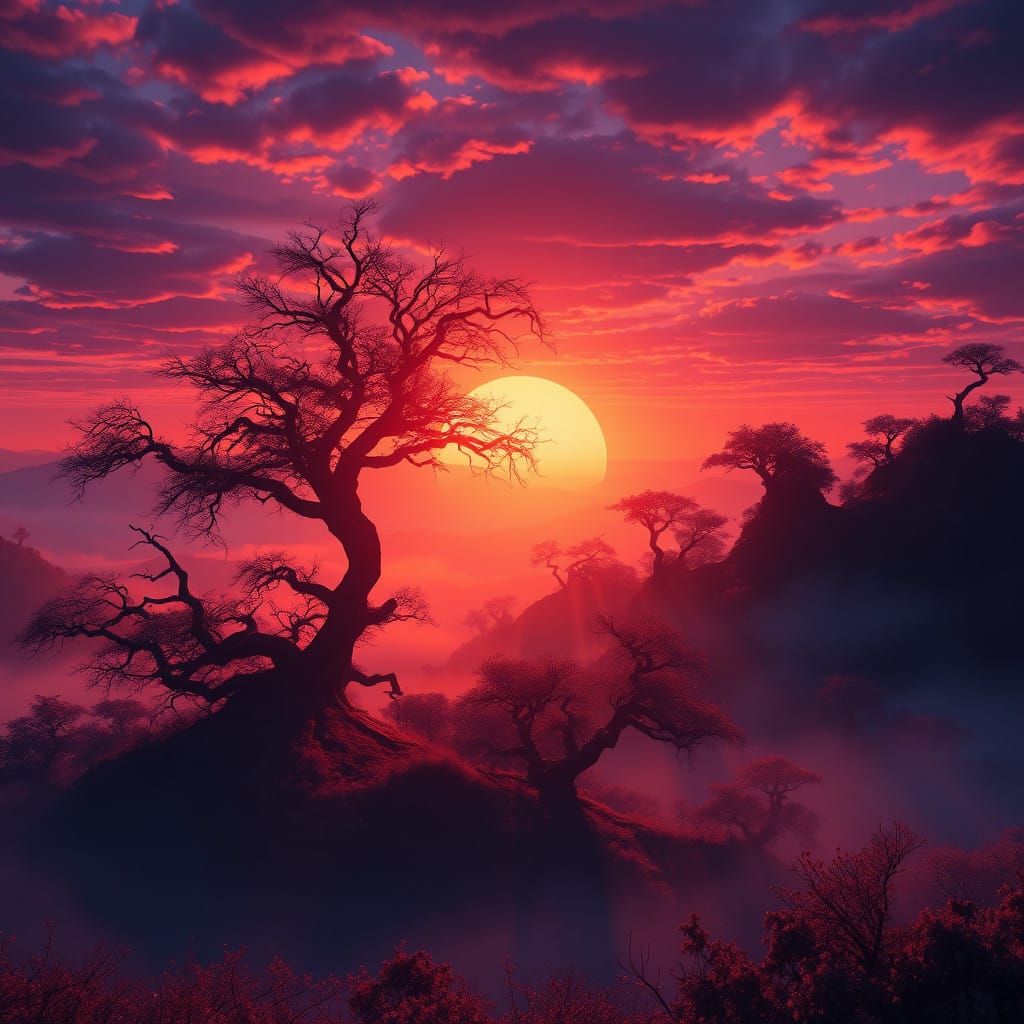Dreamlike Sunset Amidst Ancient, Twisted Trees in a Vibrant,...