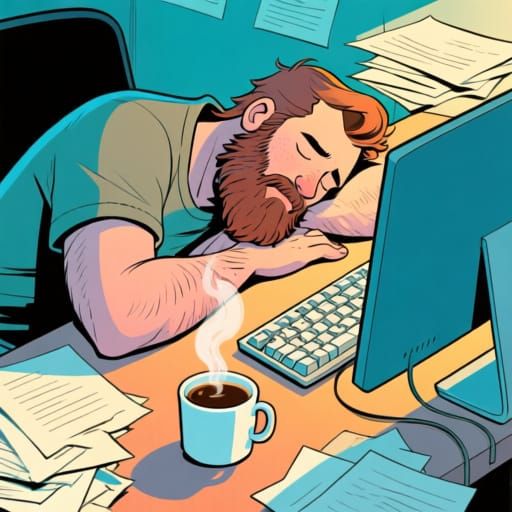 Bearded Man Sleeping at Desk in Comic Art Style