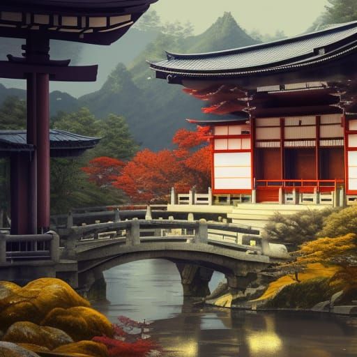 Japanese Temple in Autumn, Hyperdetailed Digital Art