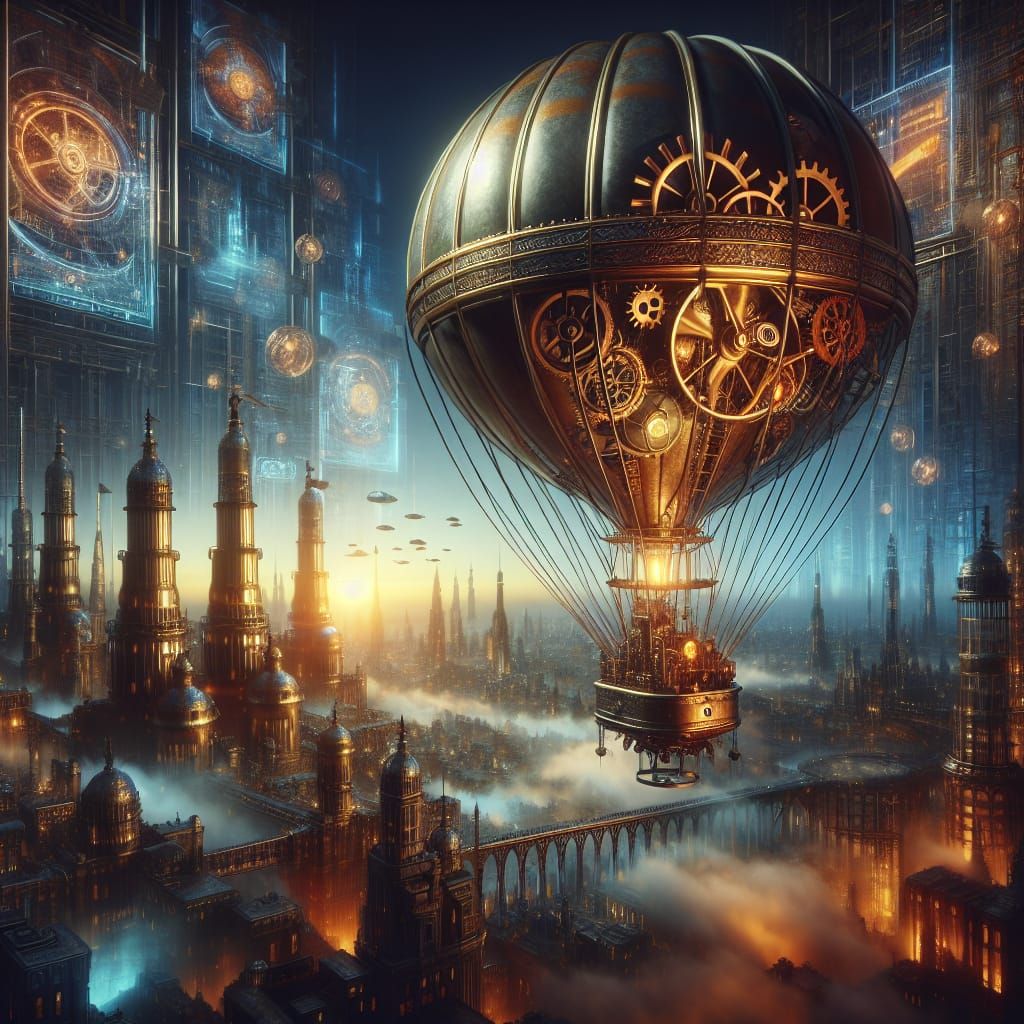 Steampunk Hot Air Balloon Gliding Over Futuristic City