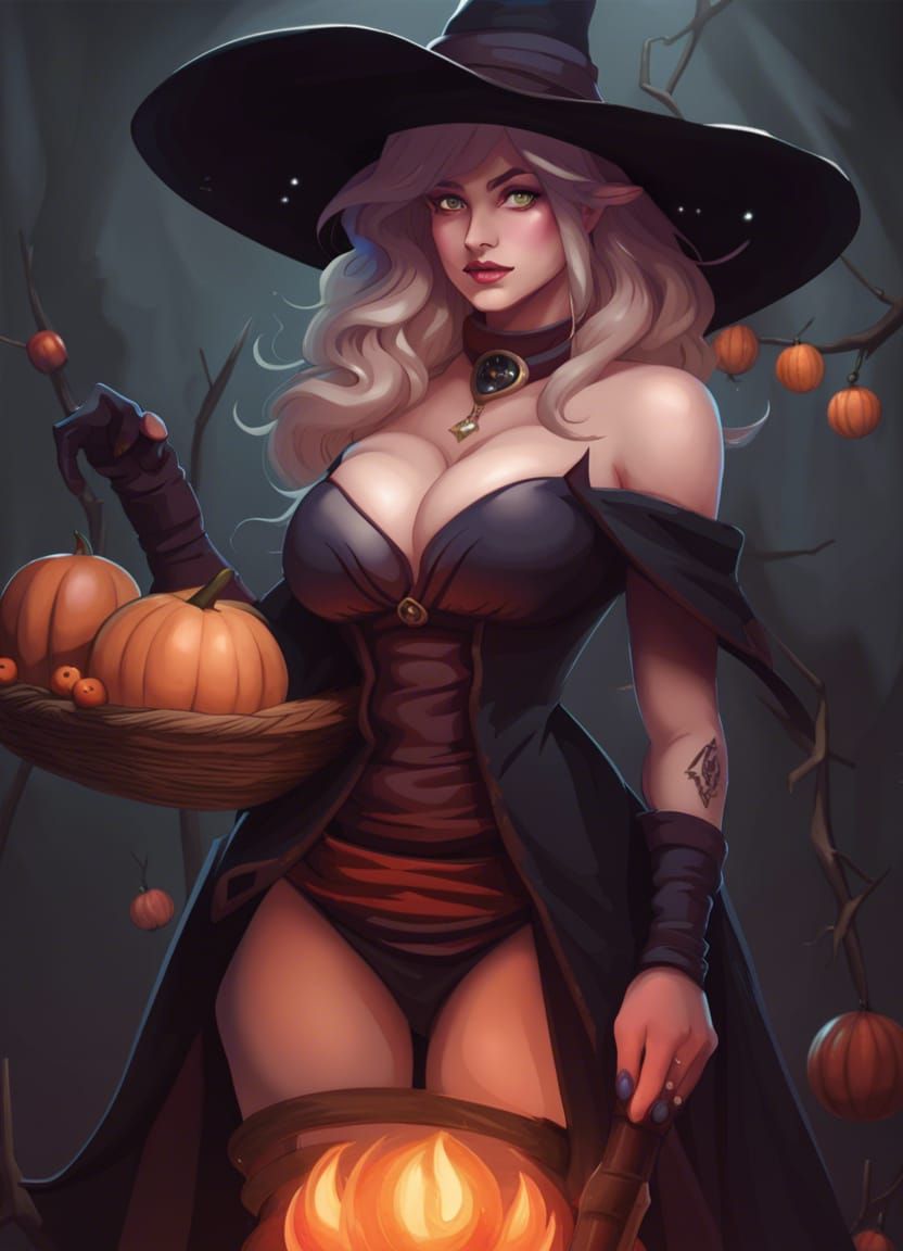 Cartoonish Witch Character with Exaggerated Features