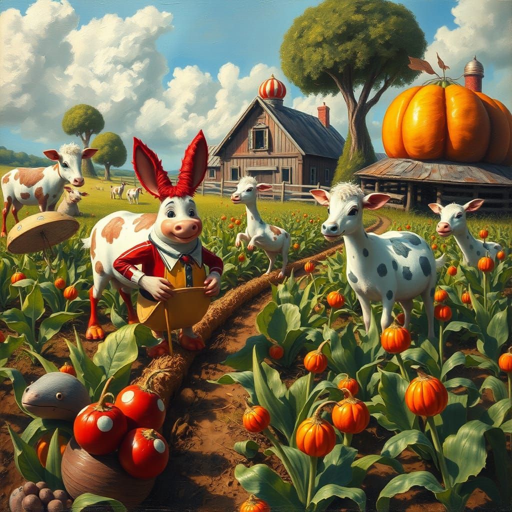 Surreal Old McDonald's Farm with Dreamlike Animals and Crops